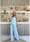 ASKI TERS DİKİŞ DETAY BLUZ VE PANTOLON GÖFRE İKİLİ TAKIM MAVİ