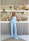 ASKI TERS DİKİŞ DETAY BLUZ VE PANTOLON GÖFRE İKİLİ TAKIM MAVİ