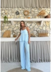 ASKI TERS DİKİŞ DETAY BLUZ VE PANTOLON GÖFRE İKİLİ TAKIM MAVİ