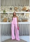 ASKI TERS DİKİŞ DETAY BLUZ VE PANTOLON GÖFRE İKİLİ TAKIM PEMBE