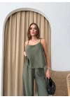 ASKILI BLUZ VE PANTOLONLU ÇİLEK İKİLİ TAKIM HAKİ