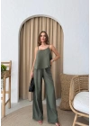 ASKILI BLUZ VE PANTOLONLU ÇİLEK İKİLİ TAKIM HAKİ
