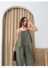 ASKILI BLUZ VE PANTOLONLU ÇİLEK İKİLİ TAKIM HAKİ