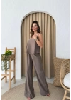 ASKILI BLUZ VE PANTOLONLU ÇİLEK İKİLİ TAKIM KAHVE