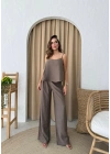 ASKILI BLUZ VE PANTOLONLU ÇİLEK İKİLİ TAKIM KAHVE