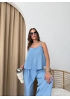 ASKILI BLUZ VE PANTOLONLU ÇİLEK İKİLİ TAKIM MAVİ