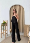ASKILI BLUZ VE PANTOLONLU ÇİLEK İKİLİ TAKIM SİYAH