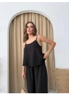 ASKILI BLUZ VE PANTOLONLU ÇİLEK İKİLİ TAKIM SİYAH
