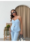 ASKILI DÜĞME DETAY YELEK VE PANTOLONLU İKİLİ TAKIM MAVİ