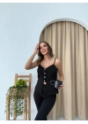 ASKILI DÜĞME DETAY YELEK VE PANTOLONLU İKİLİ TAKIM SİYAH