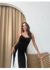 ASKILI ETEK GARNELİ ELBİSE SİYAH