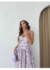 ASKILI GLOPLU DESENLİ UZUN ELBİSE LİLA