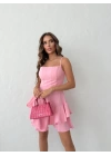 ASKILI KLOŞ ETEK FIRFIRLI ELBİSE PEMBE