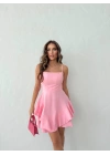 ASKILI KLOŞ ETEK FIRFIRLI ELBİSE PEMBE