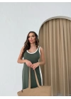 ASKILI MODAL KUMAŞ ŞERİT DETAY YIRTMAÇLI UZUN ELBİSE HAKİ