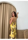 ASKILI SIRT ÇAPRAZ DETAY DESENLİ UZUN ELBİSE SARI