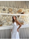 ASKILI SIRT DEKOLTE DETAY UZUN KETEN ELBİSE BEYAZ