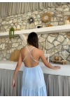 ASKILI SIRT DEKOLTE DETAY UZUN KETEN ELBİSE MAVİ