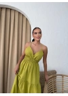 ASKILI SIRT DEKOLTE DETAY UZUN KETEN ELBİSE YEŞİL