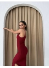 ASKILI YIRTMAÇLI UZUN TRİKO ELBİSE BORDO