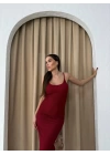 ASKILI YIRTMAÇLI UZUN TRİKO ELBİSE BORDO