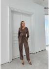 BATİK DESEN KAPÜŞONLU V YAKA BLUZ VE PANTOLONLU İKİLİ MODAL TAKIM KAHVE