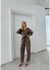 BATİK DESEN KAPÜŞONLU V YAKA BLUZ VE PANTOLONLU İKİLİ MODAL TAKIM KAHVE