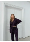 BATİK DESEN KAPÜŞONLU V YAKA BLUZ VE PANTOLONLU İKİLİ MODAL TAKIM MOR
