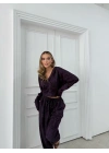 BATİK DESEN KAPÜŞONLU V YAKA BLUZ VE PANTOLONLU İKİLİ MODAL TAKIM MOR