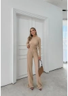 BÜZGÜLÜ BLUZ VE PANTOLONLU GOFRE İKİLİ TAKIM BEJ
