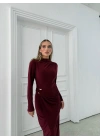 BEL AKSESUAR DETAY DRAPELİ YIRTMAÇLI UZUN SANDY ELBİSE BORDO