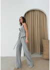 BEL BAĞCIK DETAY YELEK VE PANTOLONLU POLİVİSKON İKİLİ TAKIM GRİ
