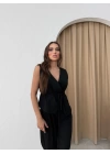 BEL BAĞCIK DETAY YELEK VE PANTOLONLU POLİVİSKON İKİLİ TAKIM SİYAH