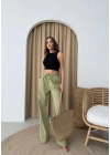 BEL BAĞCIKLI PALAZZO KETEN PANTOLON YEŞİL