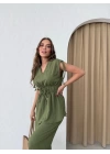 BEL BAĞLAMA VE OMUZ BAĞLAMA DETAY BLUZ VE PANTOLONLU GOFRE İKİLİ TAKIM HAKİ