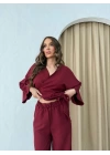 BEL BAGLAMALI BLUZ VE PANTOLONLU KETEN İKİLİ TAKIM BORDO