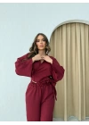 BEL BAGLAMALI BLUZ VE PANTOLONLU KETEN İKİLİ TAKIM BORDO
