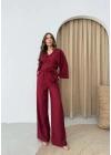 BEL BAGLAMALI BLUZ VE PANTOLONLU KETEN İKİLİ TAKIM BORDO