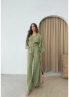 BEL BAGLAMALI BLUZ VE PANTOLONLU KETEN İKİLİ TAKIM HAKİ
