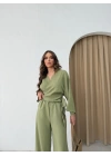 BEL BAGLAMALI BLUZ VE PANTOLONLU KETEN İKİLİ TAKIM HAKİ