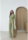BEL BAGLAMALI BLUZ VE PANTOLONLU KETEN İKİLİ TAKIM HAKİ