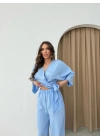 BEL BAGLAMALI BLUZ VE PANTOLONLU KETEN İKİLİ TAKIM MAVİ