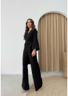BEL BAGLAMALI BLUZ VE PANTOLONLU KETEN İKİLİ TAKIM SİYAH