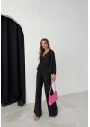BEL BAĞLAMALI BLUZ VE PANTOLONLU KETEN İKİLİ TAKIM SİYAH