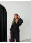 BEL BAĞLAMALI BLUZ VE PANTOLONLU KETEN İKİLİ TAKIM SİYAH
