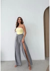 BEL BAĞLAMALI YIRTMAÇLI KETEN PANTOLON GRİ