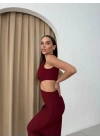 BEL DEKOLTE DETAY GOFRE UZUN ELBİSE BORDO