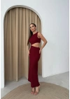 BEL DEKOLTE DETAY GOFRE UZUN ELBİSE BORDO