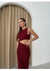 BEL DEKOLTE DETAY GOFRE UZUN ELBİSE BORDO