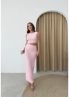 BEL DEKOLTE DETAY GOFRE UZUN ELBİSE PEMBE